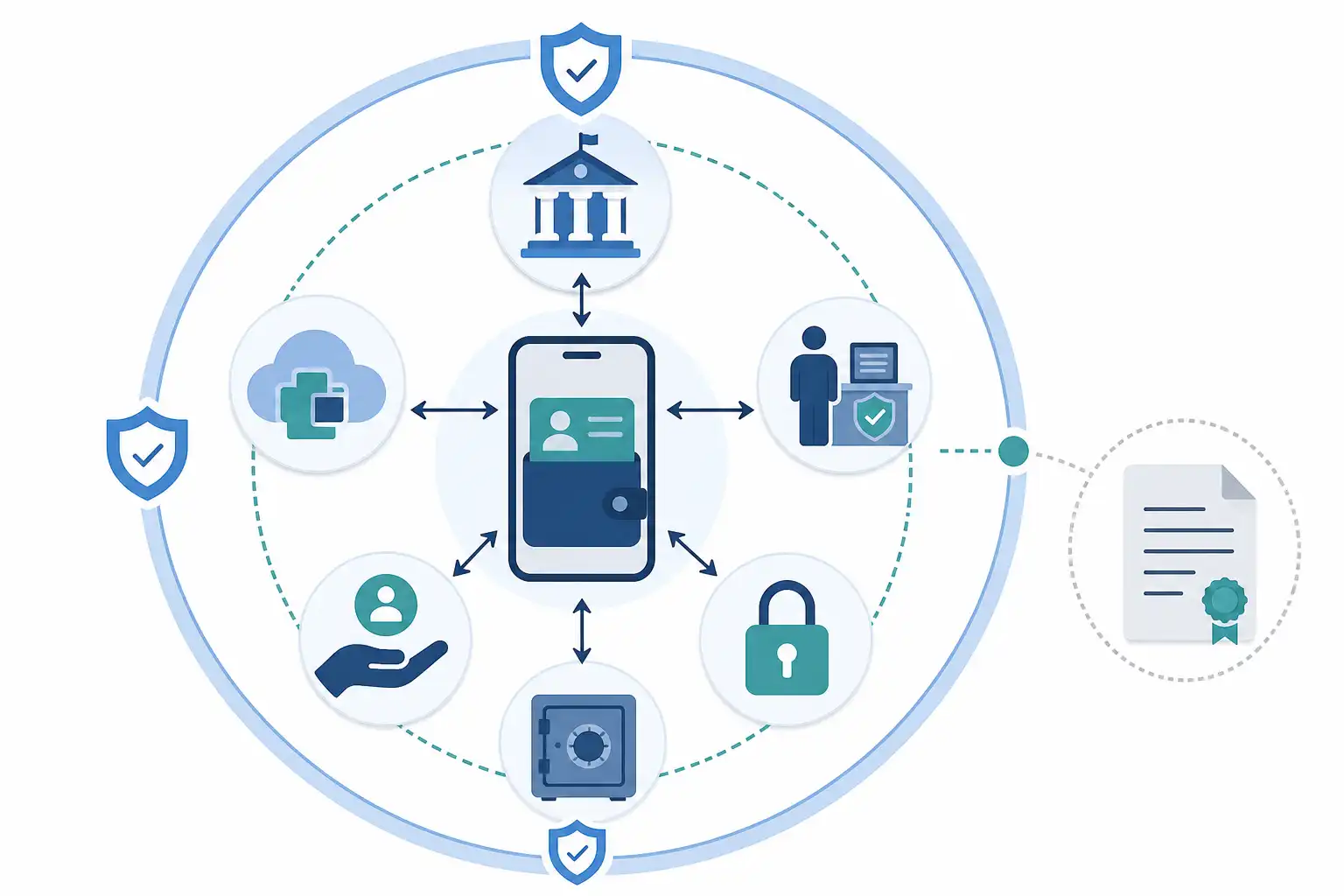 Infografik zu EUDI-Wallet ausschreiben: Interoperabilität, Datenschutz und Haftung rechtssicher regeln (KI-generiert)