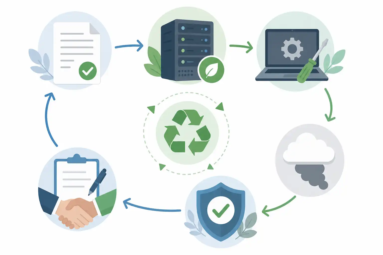 Infografik zu Nachhaltigkeitskriterien in IT-Ausschreibungen: Energieeffizienz, CO₂-Nachweise und Kreislaufwirtschaft rechtssicher fordern (KI-generiert)